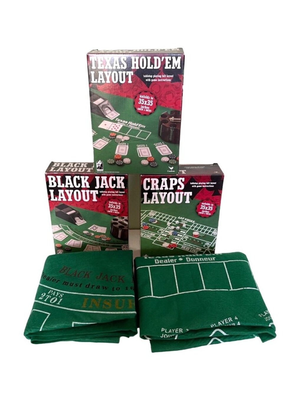 Cardinal Games Casino Felt Layout Set Lot Texas Hold ‘Em Blackjack Craps Boxed